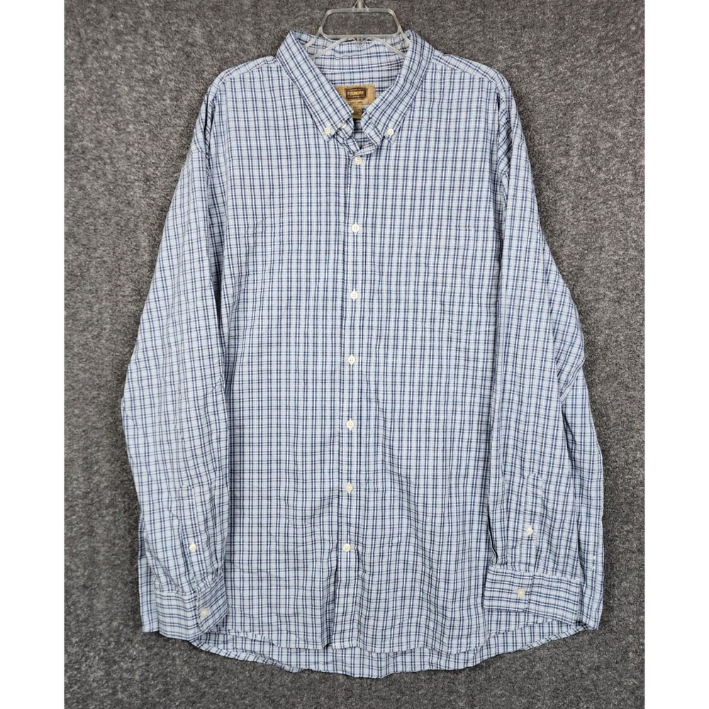 Foundry Button Front Shirt Mens 3XLT Blue Plaid Easy Care Stretch Long Sleeve